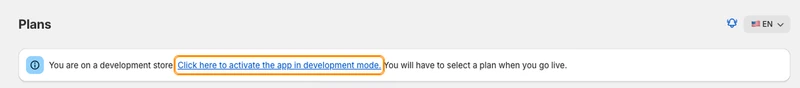 GTM Assistant Plans screen on a development store, with the link 'Click here to activate the app in development mode' highlighted.