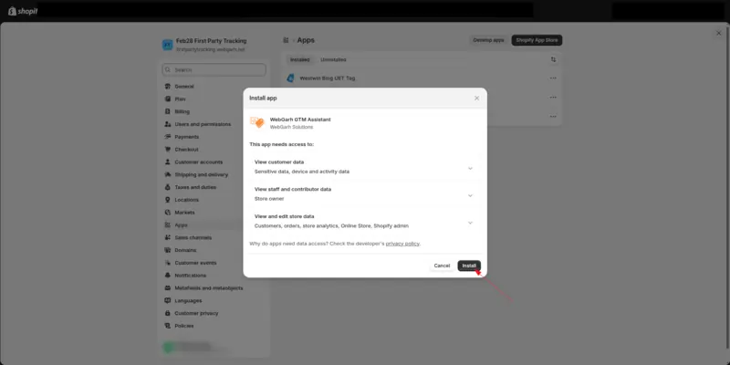 Shopify's Install app window for Webgarh GTM Assistant, listing the data the app needs access to, with an arrow pointing to the Install button.