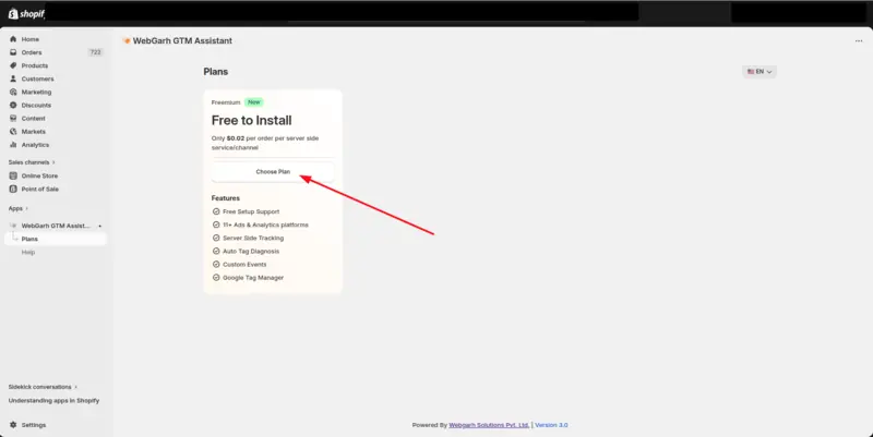 The Plans page in GTM Assistant, with an arrow pointing to the Choose Plan button.