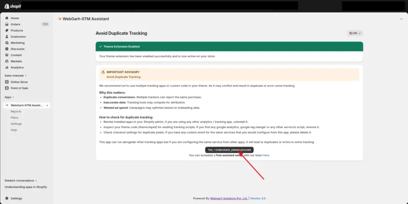 The Avoid Duplicate Tracking page in GTM Assistant after the theme extension is enabled, with an arrow pointing to the "Yes, I understand, please proceed" button.