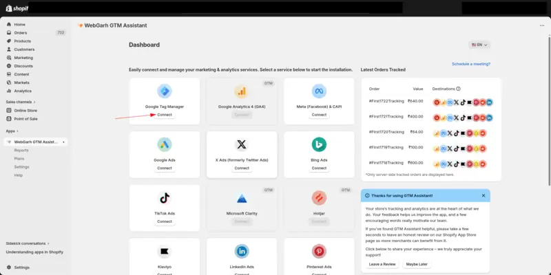 The GTM Assistant dashboard showing a card for each platform, with an arrow pointing to the Connect button on the Google Tag Manager card.