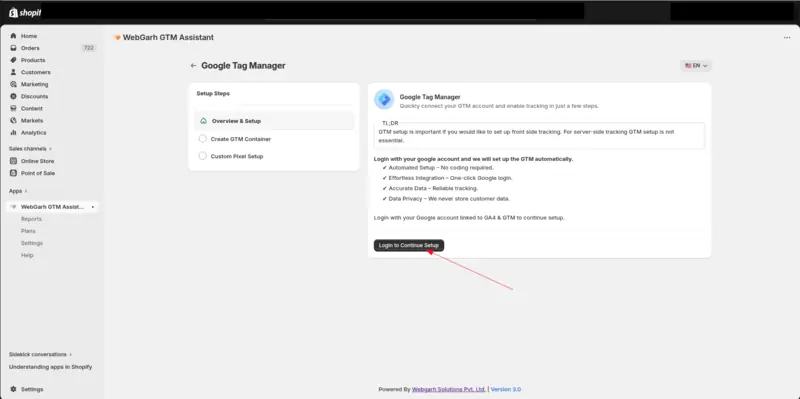 The Google Tag Manager screen in GTM Assistant, with an arrow pointing to the Login to Continue Setup button.