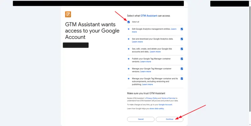 The Google sign-in screen asking what GTM Assistant can access, with arrows pointing to the Select all tick box and the Continue button.