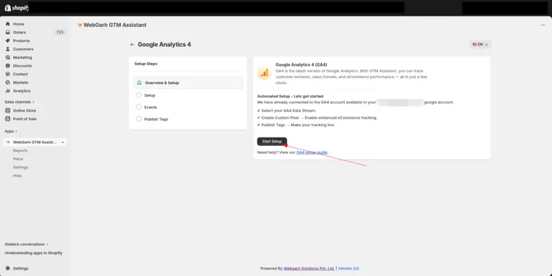 The Google Analytics 4 screen in GTM Assistant, with an arrow pointing to the Start Setup button.