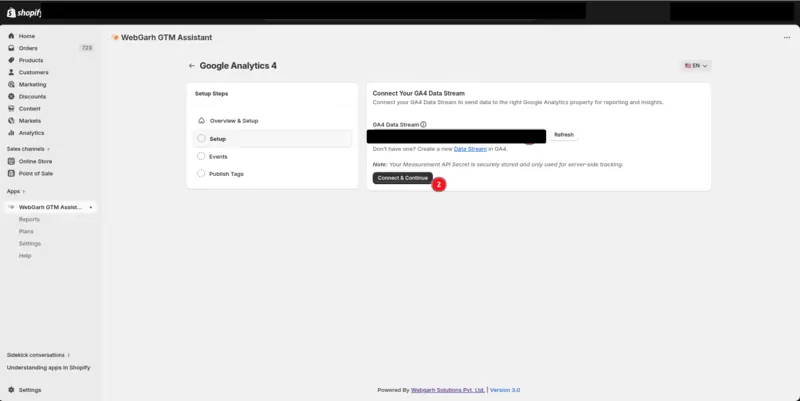 The Connect Your GA4 Data Stream step in GTM Assistant, with the GA4 data stream field and the Connect & Continue button marked.