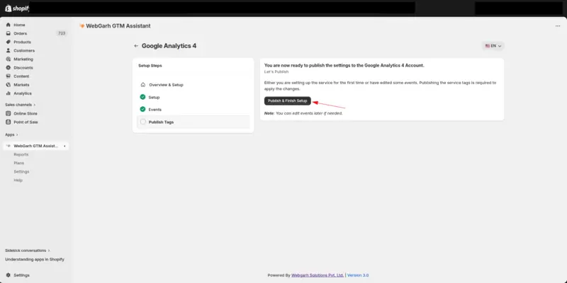 The Publish Tags step for GA4 in GTM Assistant, with an arrow pointing to the Publish & Finish Setup button.