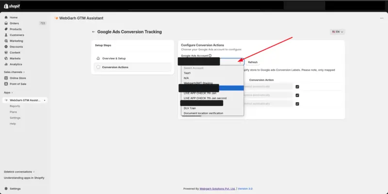 The Configure Conversion Actions step in GTM Assistant, with the Google Ads Account drop-down open to choose the store's ad account.