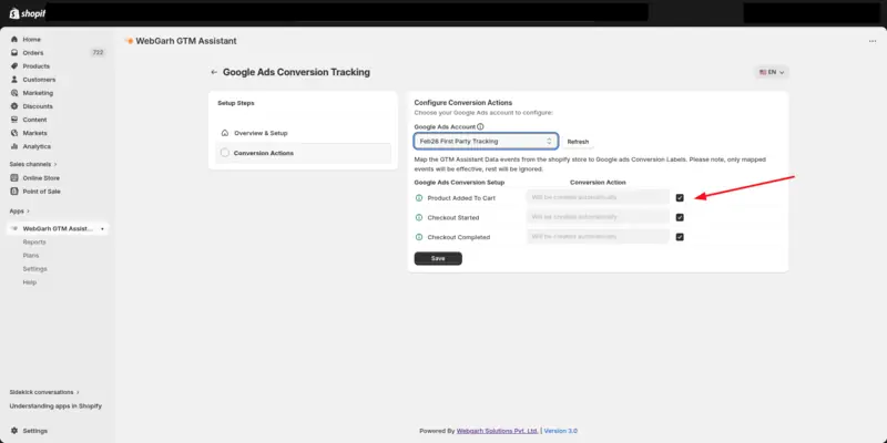 The Configure Conversion Actions step with a Google Ads account chosen, and an arrow pointing to the tick boxes for Product Added To Cart, Checkout Started and Checkout Completed.