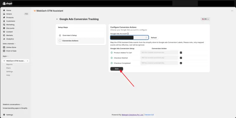 The same Configure Conversion Actions step, with an arrow pointing to the Save button.