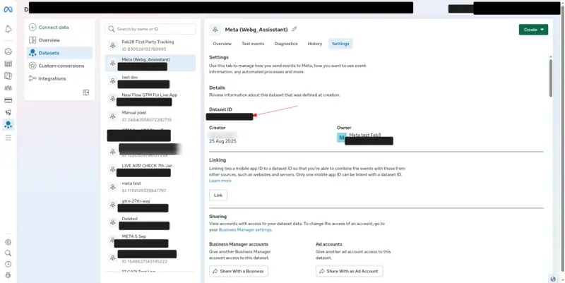 Meta Events Manager with a dataset selected and its Settings tab open, with an arrow pointing to the Dataset ID.