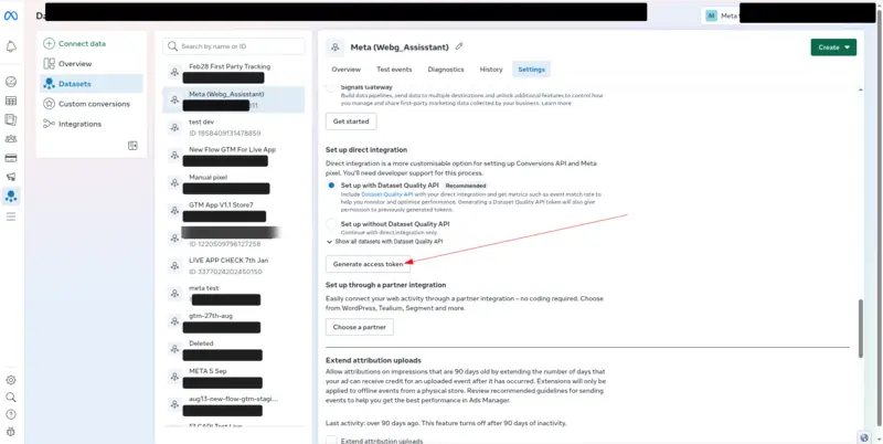 The dataset's Settings tab in Meta Events Manager, with an arrow pointing to the Generate access token button under Set up direct integration.