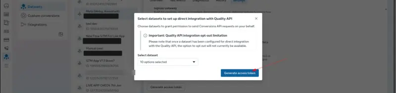 Meta's Select datasets to set up direct integration with Quality API window, with an arrow pointing to the Generate access token button.