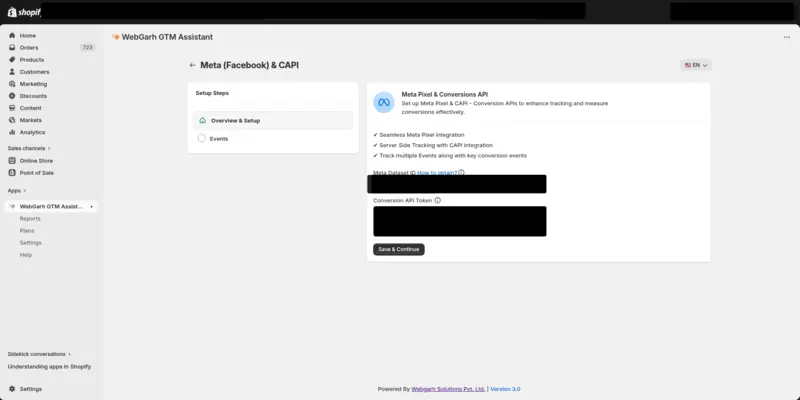 The Meta (Facebook) & CAPI screen in GTM Assistant, with the Meta Dataset ID and Conversion API Token fields and the Save & Continue button.