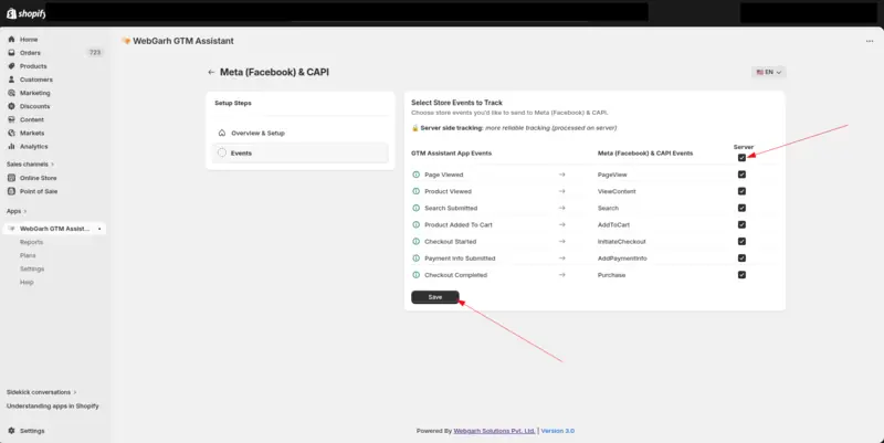 The Select Store Events to Track step for Meta, matching store events such as Page Viewed and Checkout Completed to Meta events, with arrows pointing to the Server tick box and the Save button.