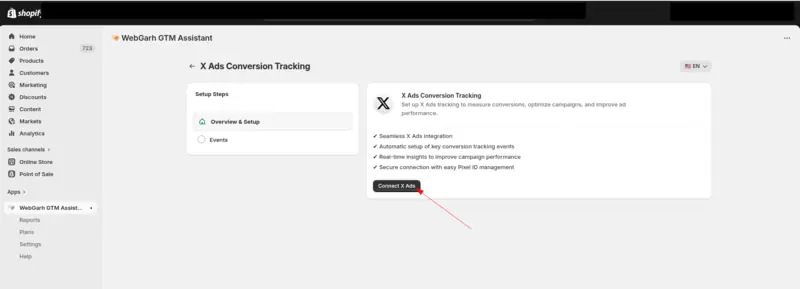The X Ads Conversion Tracking screen in GTM Assistant, with an arrow pointing to the Connect X Ads button.