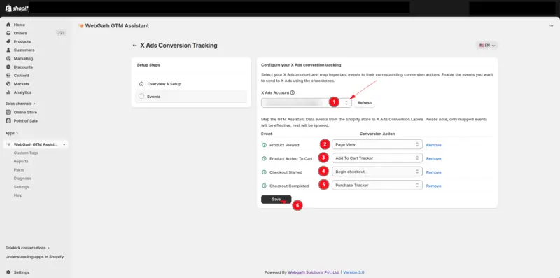 The X Ads conversion tracking step in GTM Assistant: the X Ads account (1), a conversion action chosen for each store event (2 to 5) and the Save button (6) are marked.