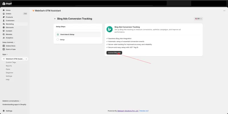 The Bing Ads Conversion Tracking screen in GTM Assistant, with an arrow pointing to the Connect Bing Ads button.