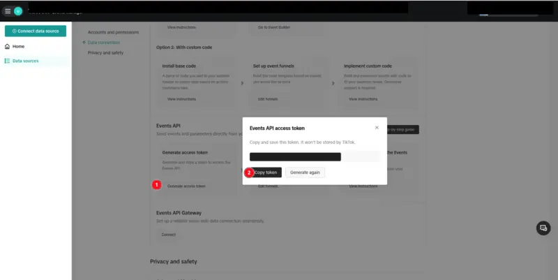 The data source's settings in TikTok Events Manager: the Generate access token button under Events API (1) and the Copy token button in the Events API access token window (2) are marked.
