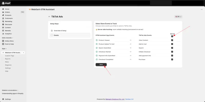 The Select Store Events to Track step for TikTok Ads, matching store events such as Product Viewed and Checkout Completed to TikTok events, with arrows pointing to the Server tick box and the Save button.