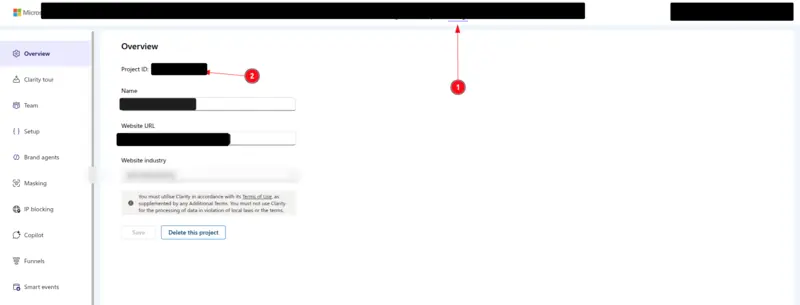 The Overview page of a project's settings in Microsoft Clarity: the project in the top bar (1) and the Project ID (2) are marked.