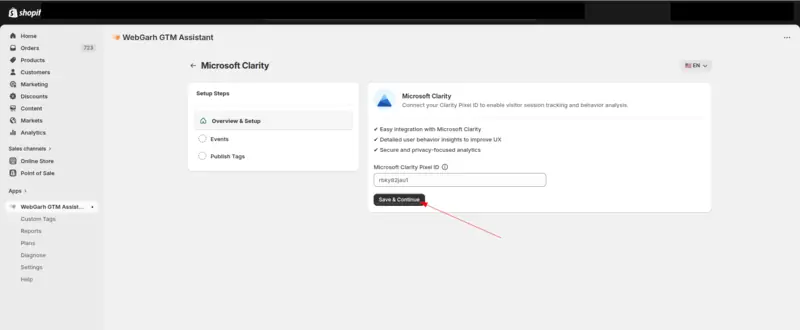 The Microsoft Clarity screen in GTM Assistant, with the Clarity ID entered and an arrow pointing to the Save & Continue button.