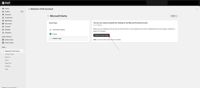 The Publish Tags step for Microsoft Clarity in GTM Assistant, with an arrow pointing to the Publish & Finish Setup button.