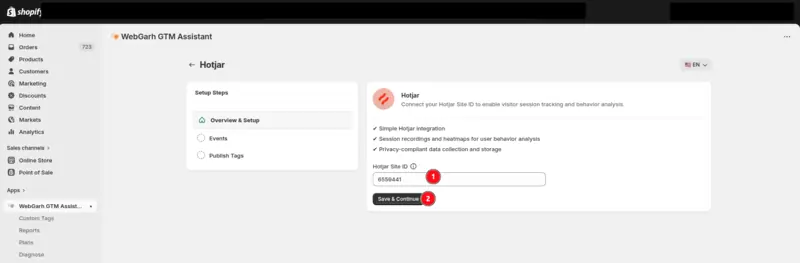 The Hotjar screen in GTM Assistant, with the Hotjar Site ID field (1) and the Save & Continue button (2) marked.