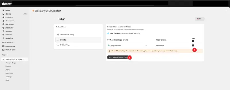 The Select Store Events to Track step for Hotjar, with the Page Viewed event ticked (1) and the Save & Go to Publish Tags button (2) marked.