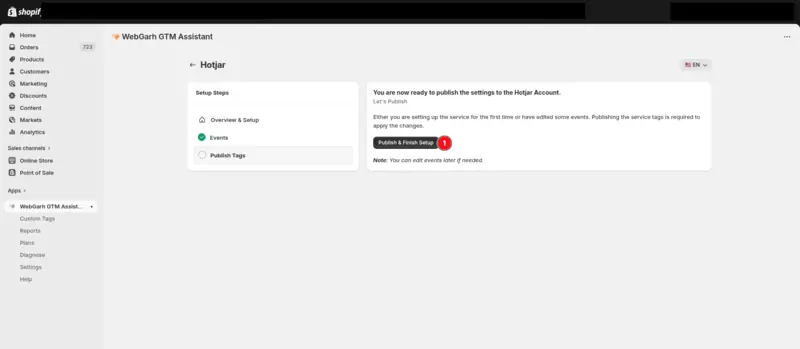 The Publish Tags step for Hotjar in GTM Assistant, with the Publish & Finish Setup button marked.
