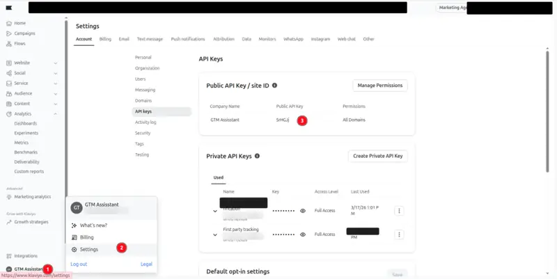 Klaviyo's account settings on the API Keys page: the account menu (1), Settings (2) and the Site ID in the Public API Key / Site ID section (3) are marked.