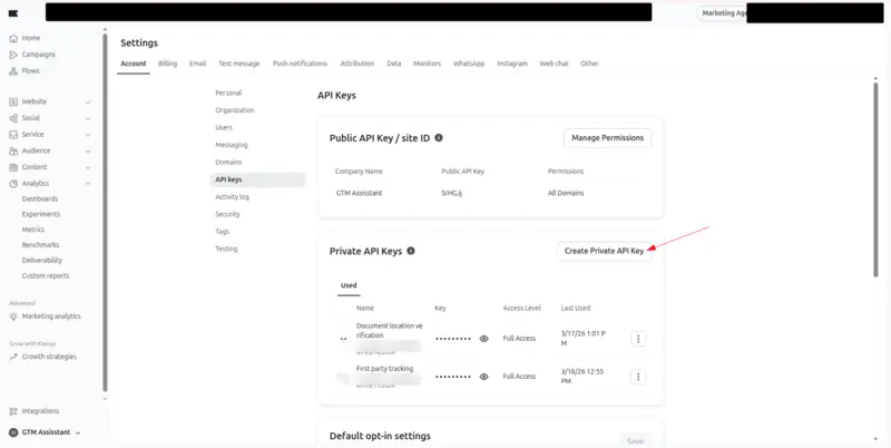 Klaviyo's API Keys page, with an arrow pointing to the Create Private API Key button.