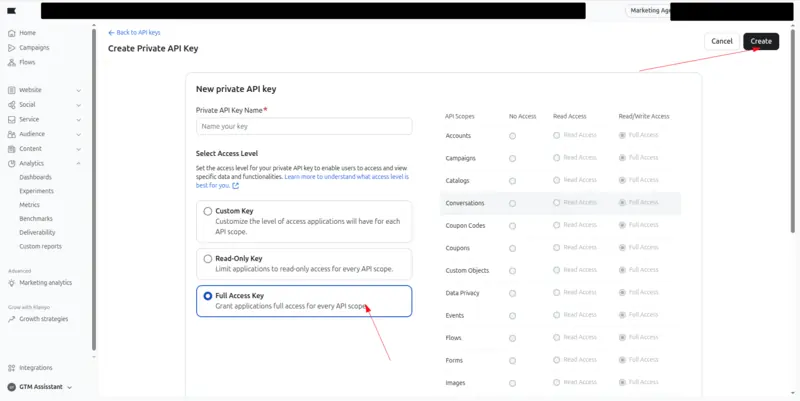 Klaviyo's Create Private API Key page, with Full Access Key selected and an arrow pointing to the Create button.