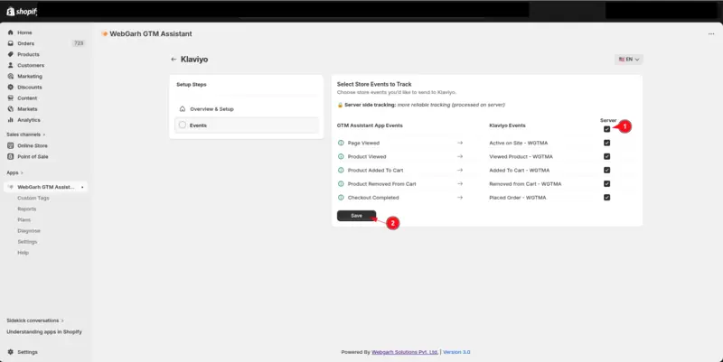 The Select Store Events to Track step for Klaviyo, with the Server tick box for all events (1) and the Save button (2) marked.