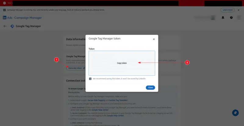 LinkedIn's Google Tag Manager page: Generate token (1) and the Copy token box in the token window (2) are marked.