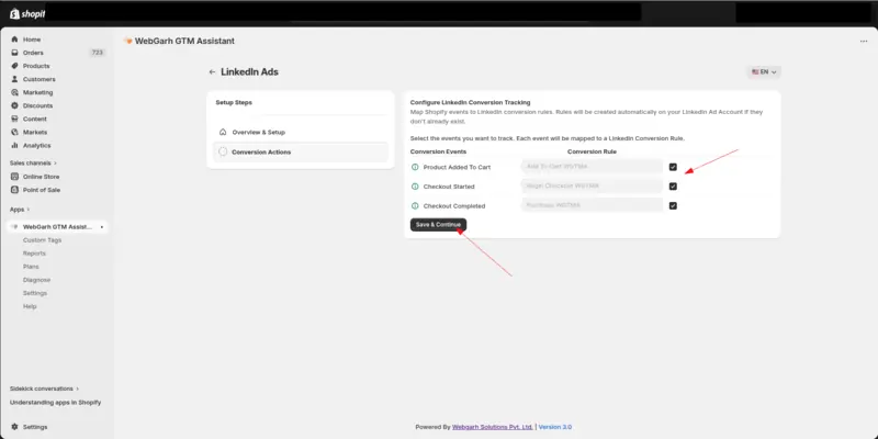 The Configure LinkedIn Conversion Tracking step, with arrows pointing to the event tick boxes and the Save & Continue button.