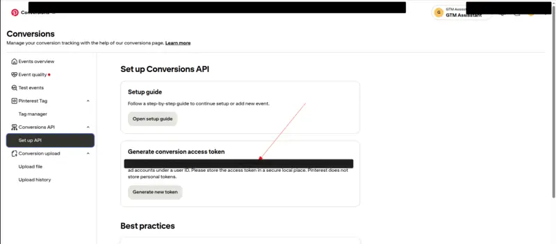 Pinterest's Set up Conversions API page, with an arrow pointing to the ad account details under Generate conversion access token.