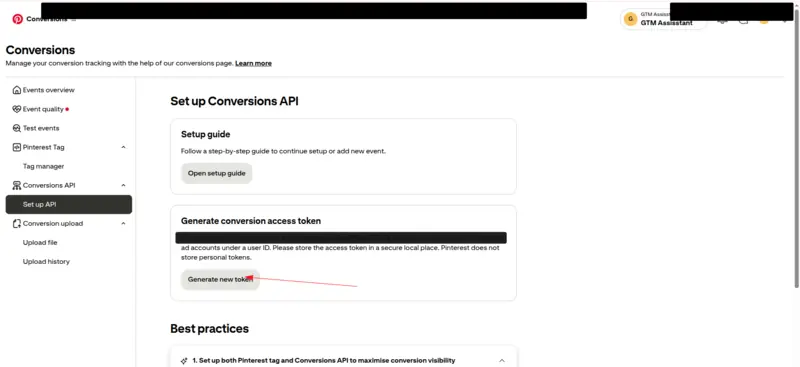 Pinterest's Set up Conversions API page, with an arrow pointing to the Generate new token button.