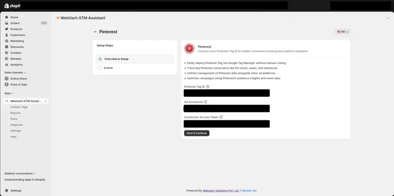 The Pinterest screen in GTM Assistant, with the Pinterest Tag ID, Ad Account Id and Conversion Access Token fields and the Save & Continue button.