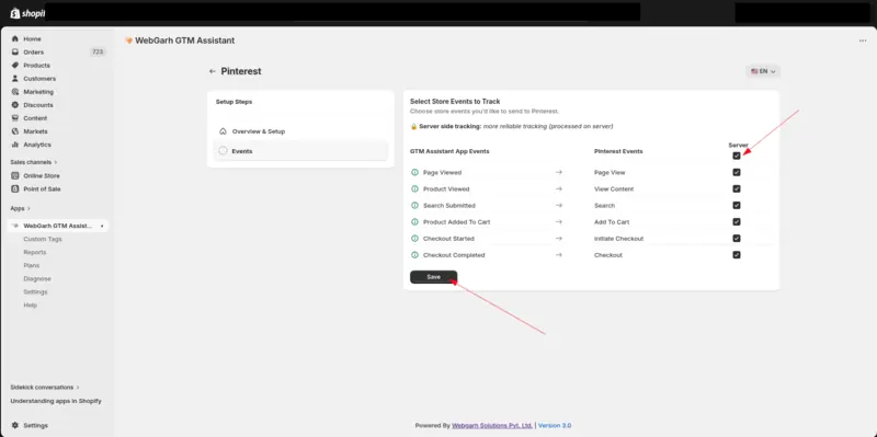 The Select Store Events to Track step for Pinterest, matching store events such as Page Viewed and Checkout Completed to Pinterest events, with arrows pointing to the Server tick box and the Save button.