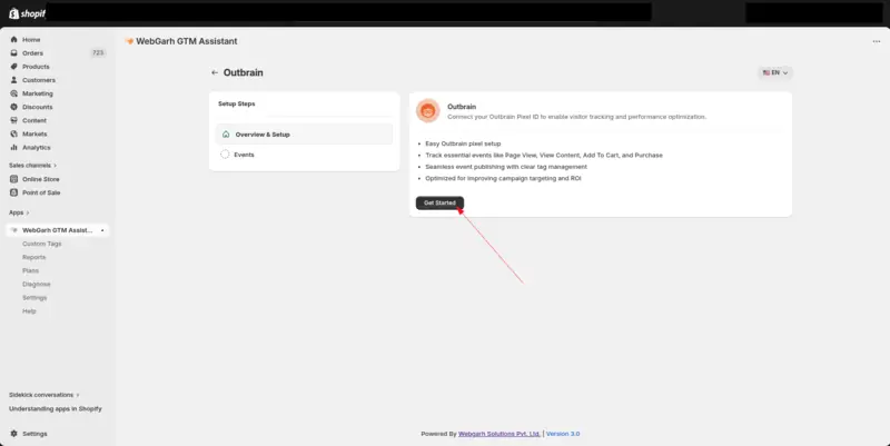 The Outbrain screen in GTM Assistant, with an arrow pointing to the Get Started button.