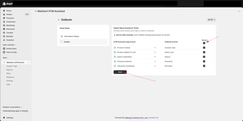The Select Store Events to Track step for Outbrain, matching store events such as Product Viewed and Checkout Completed to Outbrain events, with arrows pointing to the Server tick box and the Save button.