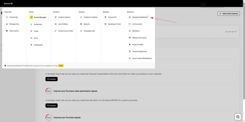 Snapchat Ads Manager's main menu, with an arrow pointing to Business Dashboard.
