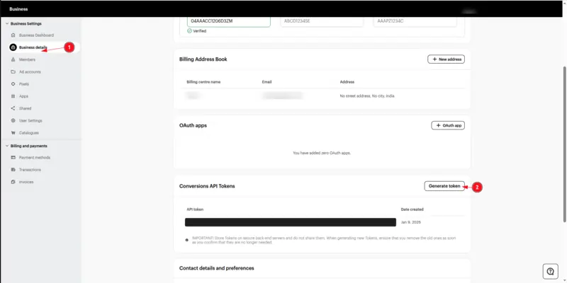 Snapchat's Business Settings: Business details in the left menu (1) and the Generate token button under Conversions API Tokens (2) are marked.