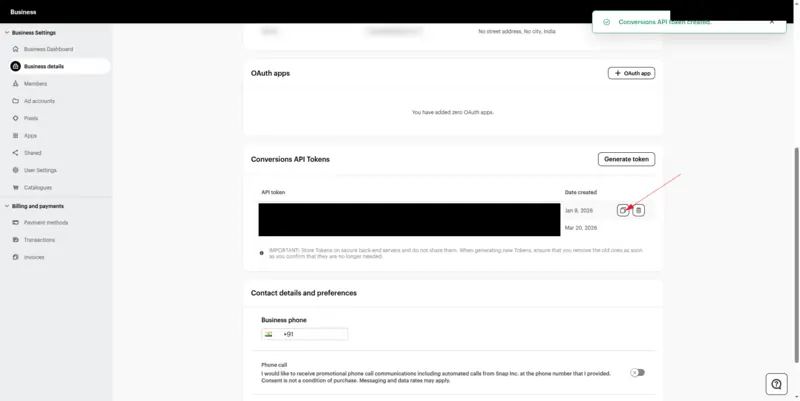 Snapchat's Conversions API Tokens list after a token is created, with an arrow pointing to the copy button beside it. The tokens are blacked out.