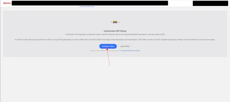 Quora Ads' Conversion API Setup page, with an arrow pointing to the Generate Token button.