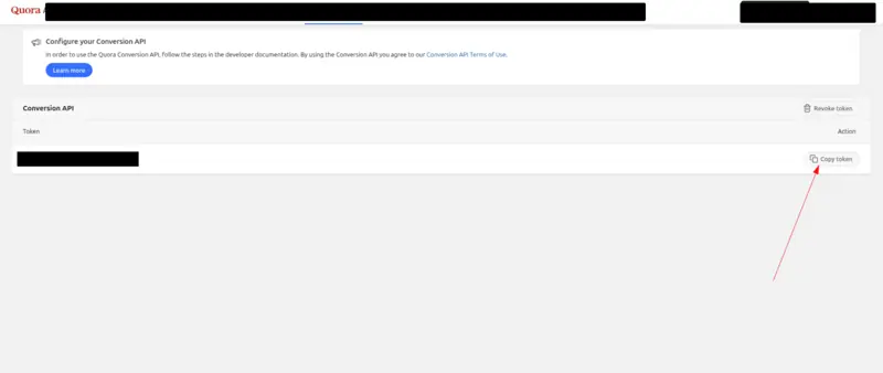 Quora Ads' Conversion API tab listing the new token, with an arrow pointing to the Copy token button. The token itself is blacked out.