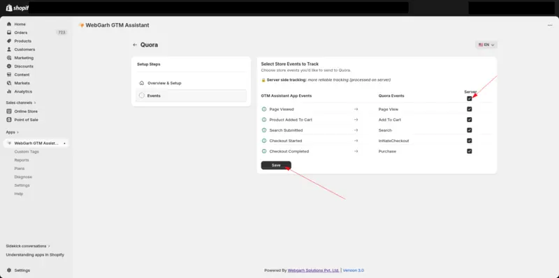 The Select Store Events to Track step for Quora, matching store events such as Page Viewed and Checkout Completed to Quora events, with arrows pointing to the Server tick box and the Save button.