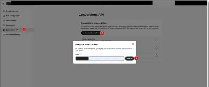 Reddit Ads' Conversions API page: Conversions API in the menu (1), the Generate Access Token button (2) and the Generate button in the token window (3) are marked.