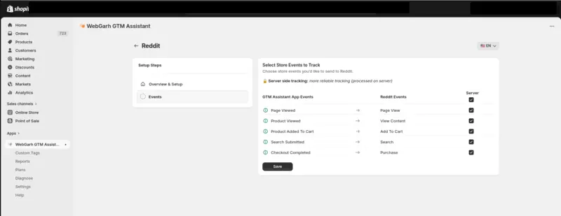 The Select Store Events to Track step for Reddit, matching store events such as Page Viewed and Checkout Completed to Reddit events, with every Server tick box ticked and the Save button.