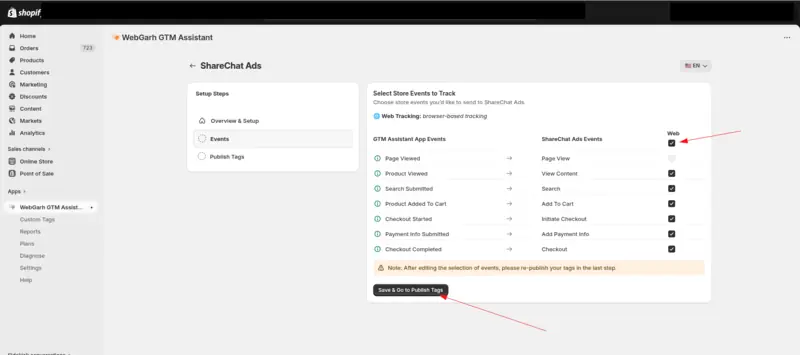 The Select Store Events to Track step for ShareChat Ads, with arrows pointing to the Web tick box and the Save & Go to Publish Tags button.
